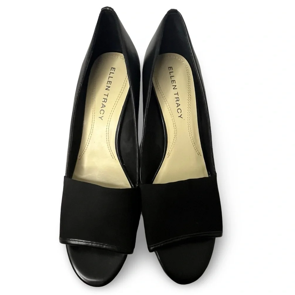 Ellen Tracy Black Wedge Open Toe Heels Size 8